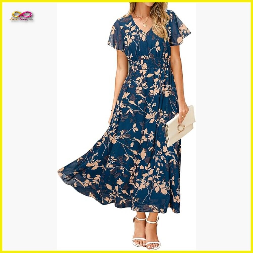 Flowy Boho Maxi Dress Short Sleeve Empire Waist Summer Wedding Guest Midi